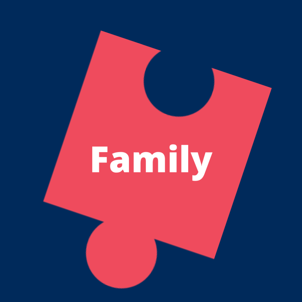 Pink puzzle piece with the word family inside