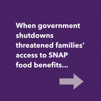 A rotating graphic that says:
When government shutdowns threatened families' access to SNAP food benefits... we created an emergency fund to help parents put food on the table.
When the pandemic disrupted schools, jobs, and services... we kept youth from aging out of foster care, helped families get internet access for remote learning and helped keep children safe when parents had COVID.
When harsh federal immigration policies increased the risk of family separation... we launched FamiliesUnitedDCMetro.org so parents could plan for children to be cared for by relatives if they were detained.
When children's health was put at risk during a scorching summer heat wave... we secured emergency court orders requiring landlords to fix their broken air conditioning.