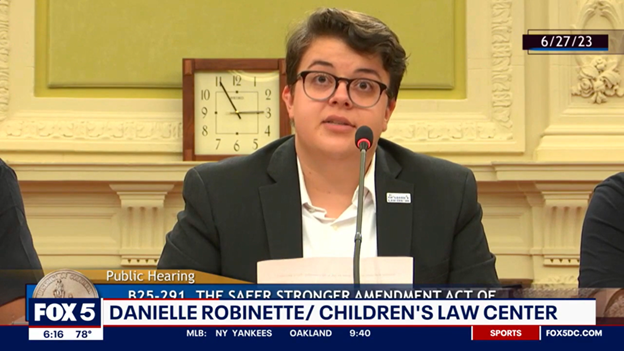 Children's Law Center policy analyst Danielle Robinette testifies at DC Council hearing (Fox 5 news segment)