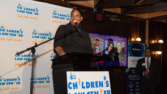 Children's Law Center Family Outreach Worker Shirelle Kouyate speaks at 2023 Helping Children Soar Benefit