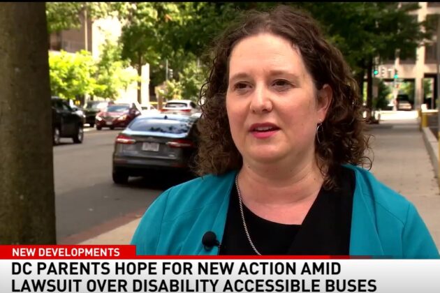 Kathy Ziesel being interviewed. Text on screen: "DC parents hope for new action amid lawsuit over disability accessible buses".