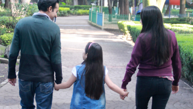 Family holding hands and walking in a part