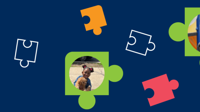 Header graphic with 2 pink puzzle pieces, 1 orange puzzle piece, 4 puzzles pieces with white outlines and 1 green puzzle piece with an image of a young boy in the center in a circle and another green puzzle piece with an image of a little girl in the center in a circle.